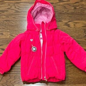 Obermeyer Kids Vibrant Pink Puffer Marielle Ski Jacket with ruching detail.